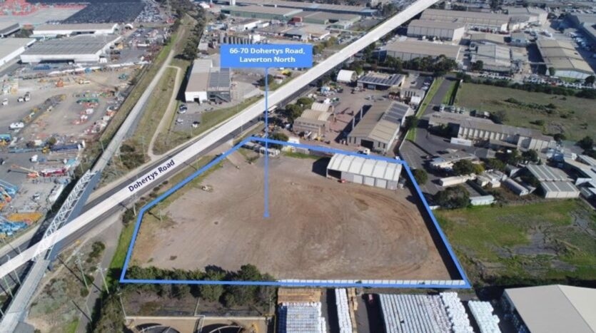 Top-down view of commercial real estate for lease in Laverton North with warehouse and yard access